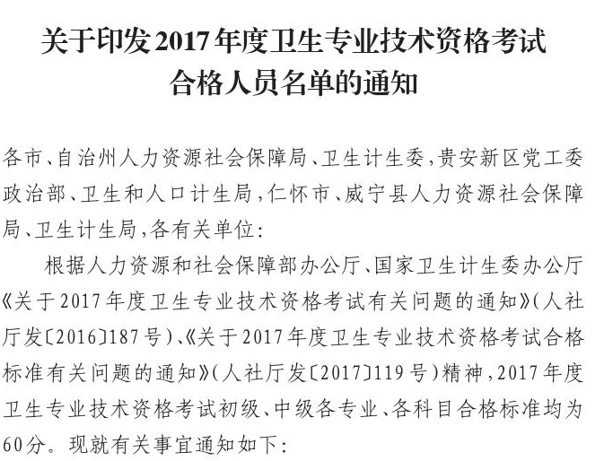 貴州2017年衛(wèi)生資格考試分?jǐn)?shù)線及合格人員名單