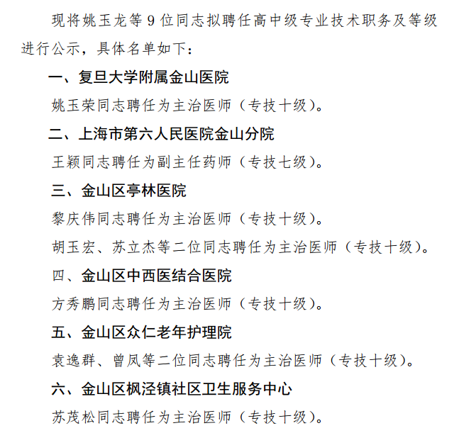 上海市金山區(qū)擬聘任衛(wèi)生高中級9位專業(yè)技術(shù)職務(wù)及等級的公示