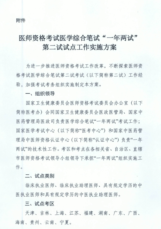 國家衛(wèi)健委關(guān)于在天津等12個(gè)考區(qū)開展“一年兩試”試點(diǎn)工作的通知！