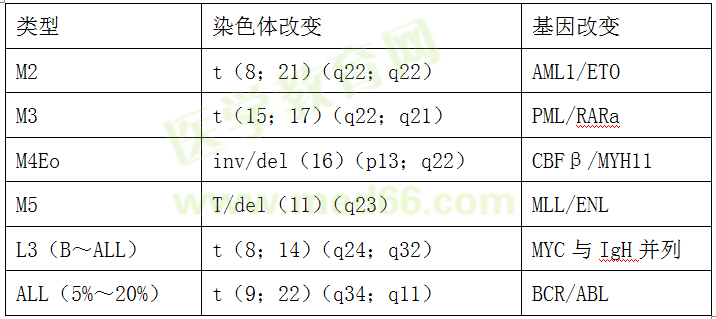 白血病常見的染色體和基因特異改變