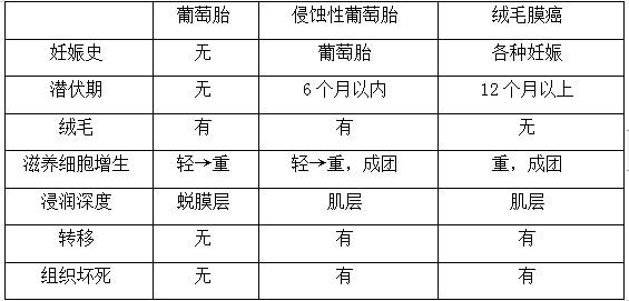 絨癌、侵蝕性葡萄胎、葡萄胎的鑒別