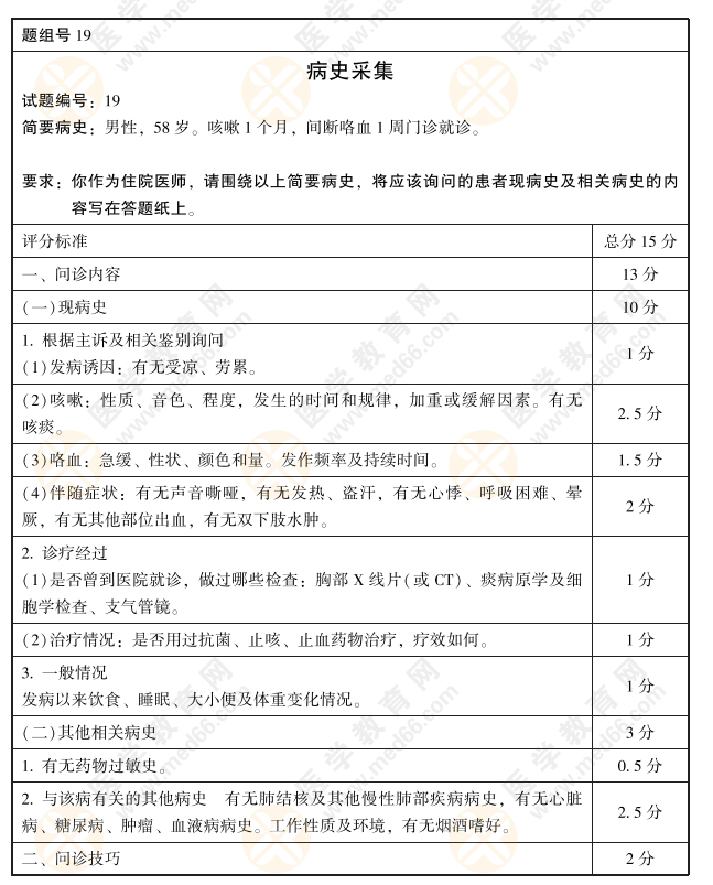 全國(guó)2021年臨床執(zhí)業(yè)醫(yī)師實(shí)踐技能評(píng)分手冊(cè)：病史采集和病例19題